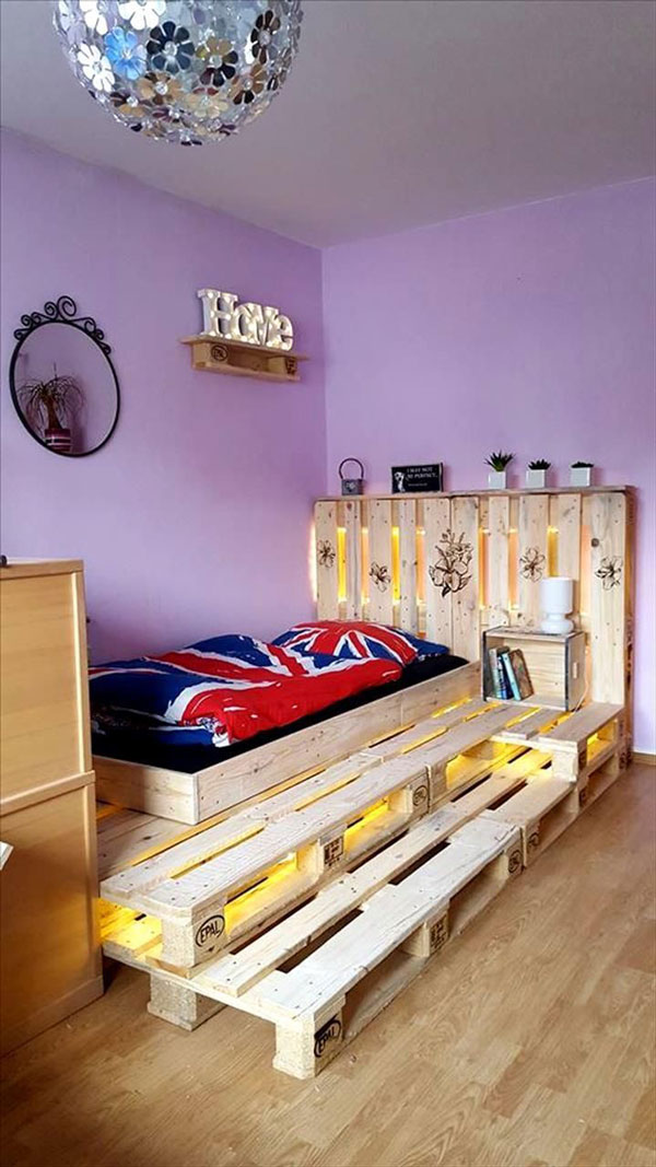 a bedroom with different floor-pallet-bed