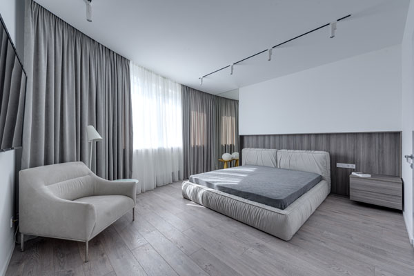 gray and white bedroom