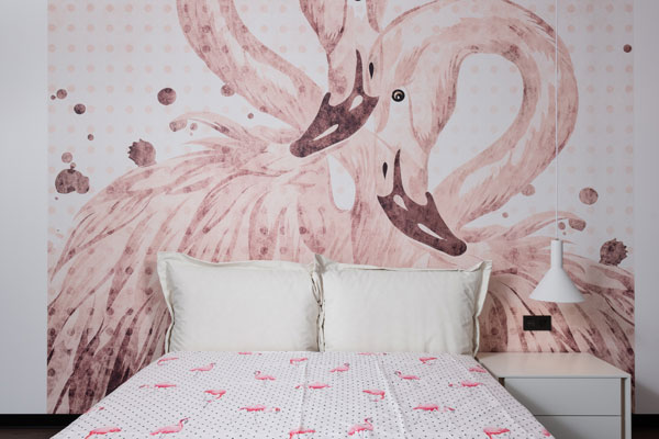 pink wallpaper on the bedroom wall